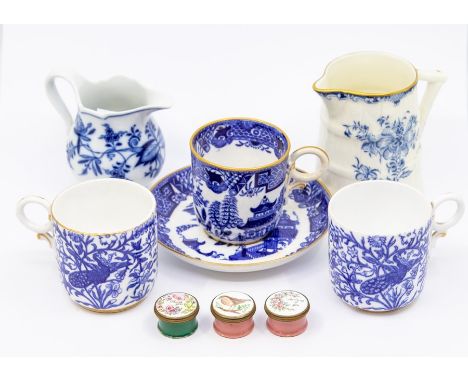 A group of ceramics to include: Royal Worcester 446 Willow pattern blue and white coffee cup and saucer; two Derby (1877-1890