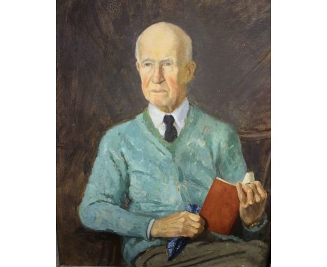 Helen Rivière (1933-2020), portrait of Philip Lyle Rivière, half-length, signed oil on board, The Rowley Gallery label to ver