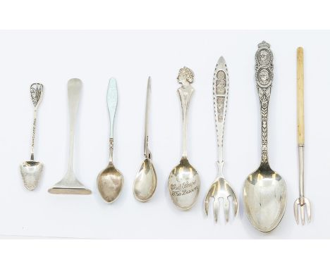 A collection of small silver to include silver spoons, to include an enamel version, pickle fork with bone handle, child's pu