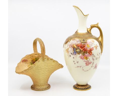 A Royal Worcester blush ivory ewer, shape no: 1745, Rg No: 233632, hand painted with flowers, applied strapwork collar, handl