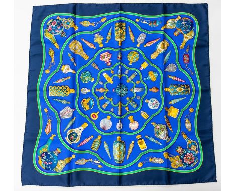 Hermes- a Qu' importe Le Flacon scent bottle silk scarf, dark blue border with decorative scent bottle print on royal blue gr