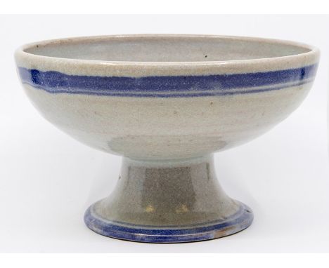 A Poole Studio Pottery pedestal bowl, the grey ground with blue and yellow circles, impressed marks to base, incised number T
