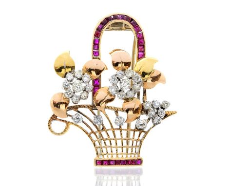 An early 20th Century ruby and diamond 15ct gold Giardinetto brooch, the brooch in the form of an open wire work basket, the 