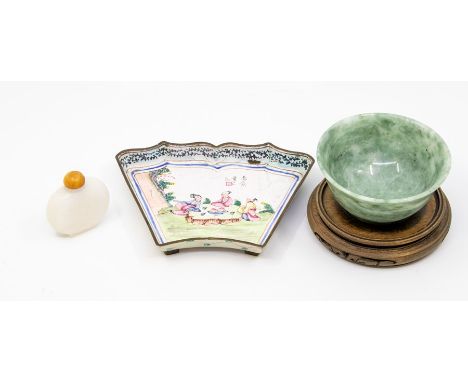 A Chinese CANTON enamel dish painted with figures in a garden, Length16 cm; A green soapstone bowl and a glass snuff bottle (