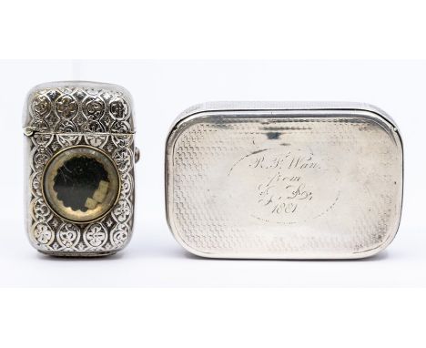 A Victorian silver cushion shaped snuff box, engraved squiqqle work decoration to cover and back, oval cartouche with inscrip