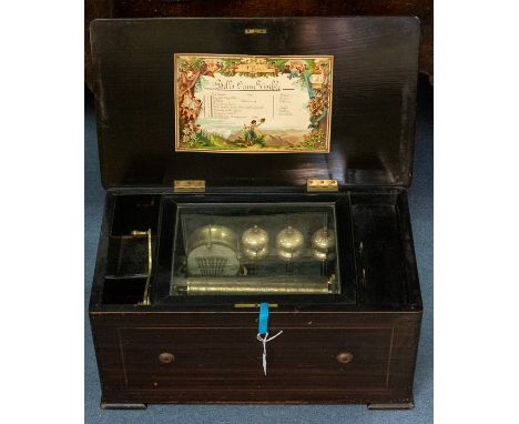 A 19th Century Swiss rosewood musical box, with drum and six bells,&nbsp;playing 8 airs on 23.5cm cylinders and 66&nbsp;tooth