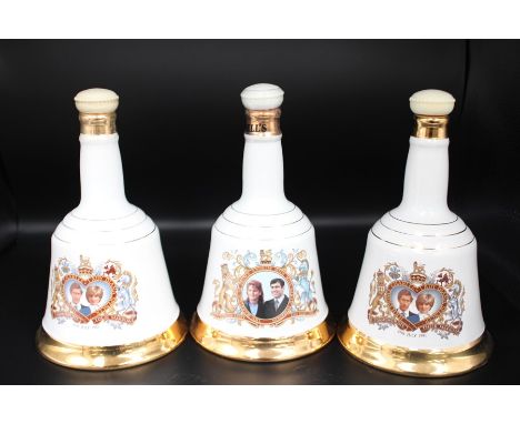 Three Ceramic Bells Decanters Commemorating The Marriage Of Charles And Diana And Prince Andrew And Sarah Ferguson