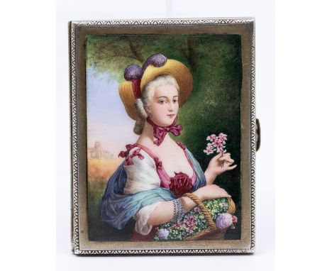 A late 19th/early 20th Century Austro-Hungarian 900 standard silver and enamel cigarette case, the cover painted with a portr
