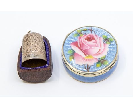 A Continental 935 silver and enamel box, decorated with a pink rose on blue guilloche enamel, stamped to interior 935 togethe