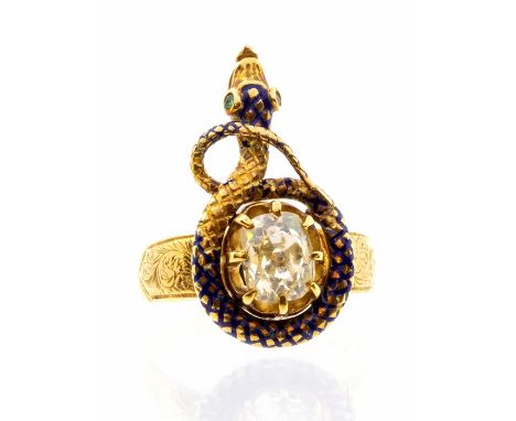 A Victorian enamel and diamond 18ct gold serpent ring, comprising a central claw set with an old mine cut diamond weighing ap