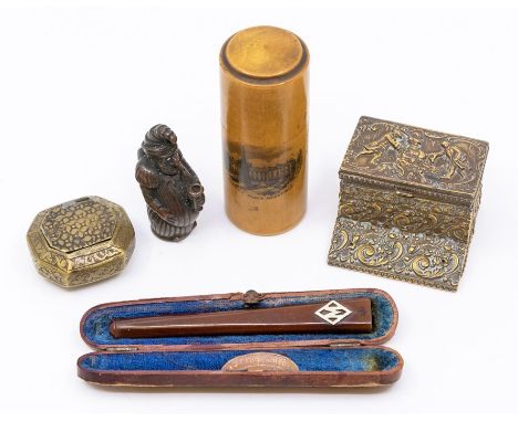 A Mauchlin Ware needle case, depicting Market Place Mansfield, approx 8.5cm high; a bronzed novelty vesta, as a Joker, approx