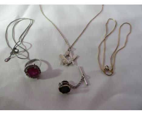 A 9ct gold chain (1.4g); a silver folding masonic pendant and chain; a silver (925), and pink stone ring (size J/K); a WM cha