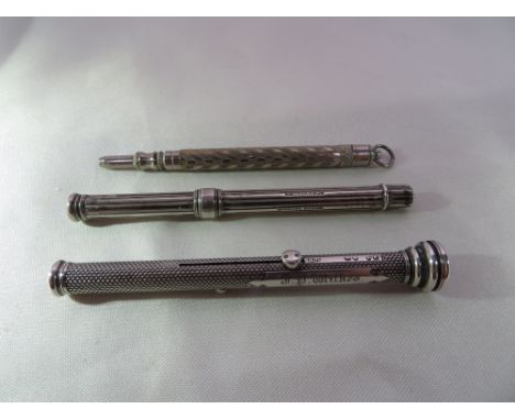 2x Silver pencils; one marked sterling (a/f), the other engraved with "J. P. Wilkes" and hallmarked London, 1877 - both by S.