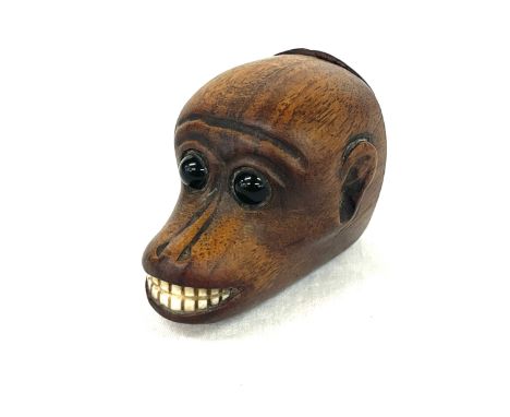 Vintage monkey wooden snuff box, glass eyes, bone teeth, some damage to lid as seen in images, overall measurements Height 3.