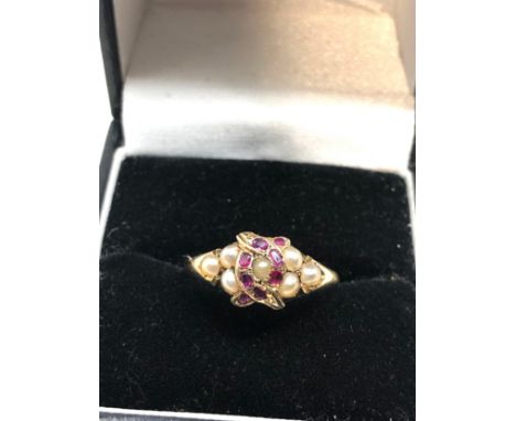 Antique 18ct gold ruby &amp; pearl ring