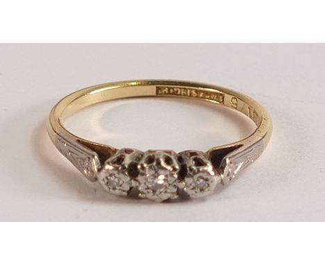 18ct three stone diamond ring, size O, 2,5g. 