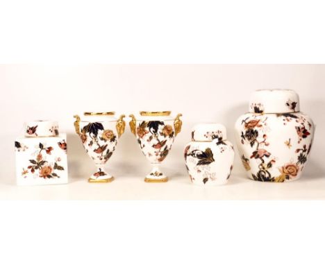 A Small Collection of Coalport Hong Kong Pattern Items to include Ginger Jars, Tea Caddy Tyle Square Jar and two Vases. (5) 