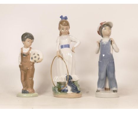 Two Nao Pottery figures including Girl with Hoop, Boy with Football &amp; Lladro figure of Boy in Braces , tallest 23cm (3) 