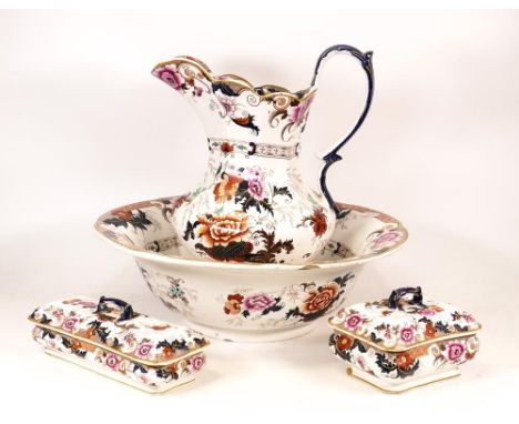 Victorian Pottery Toilet Set to include Wash Basin, Toilet Jug, and two lidded Dishes. Height of tallest: 31cm (4) 