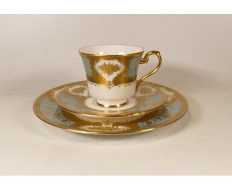 De Lamerie Fine Bone China heavily gilded Blue Majestic patterned Trio, specially made high end quality item, Made in England