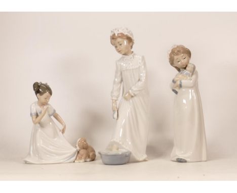 Three Nao Pottery Figures Girl in Pyjamas with Doll, Girl with Puppy 1434 &amp; Girl in nightgown Bathing Feet, tallest 29cm 