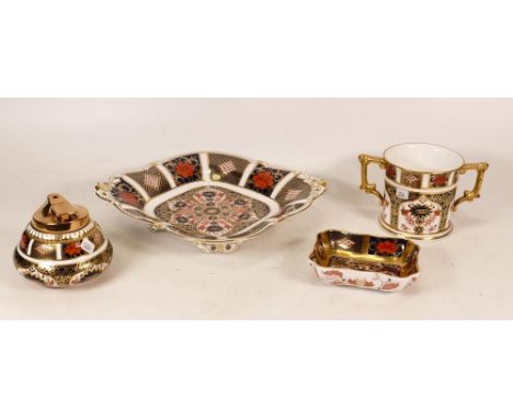 Royal Crown Derby Imari 1128 Patterned items to include Footed Square Dish, Twin Handled Cup , Cigarette Lighter &amp; Pin Di