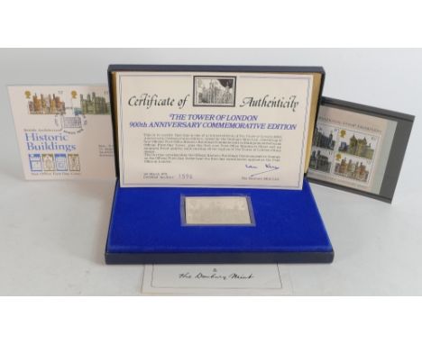 Tower of London sterling silver stamp, limited edition, weight 76g.  Cased with Certificate, First day cover and stamp set. 