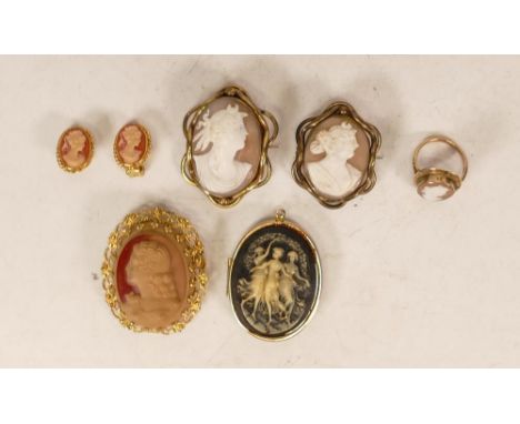 9ct gold cameo set ring, 3.4g, together with 2 x gilt metal cameo brooches and other costume jewellery. 