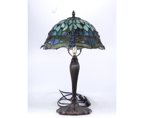 Tiffany Style Table Lamp with Leaded Glass Dragonfly Type Shade, height 55cm 