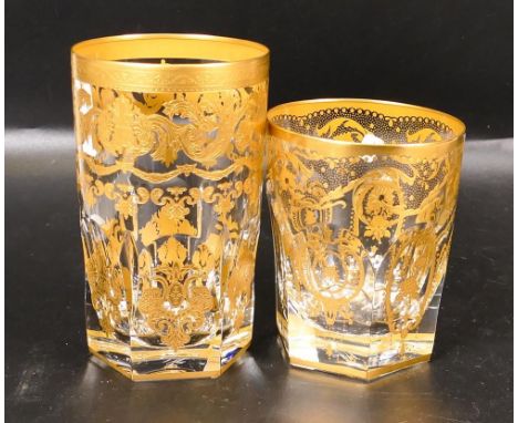Two De Lamerie Fine Bone China heavily gilded Non Matching Tumblers, specially made high end quality item, Made in England, h