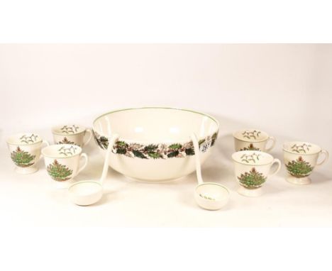 Copeland Spode Christmas Tree Pattern Punch Bowl together with two ladles and six cups. Diameter of Bowl: 26cm (9) 