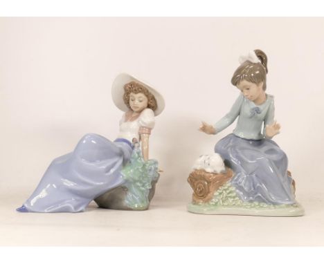 Two Nao Pottery Figure including Stories to Lulu &amp; listening to Song Bird, tallest 16.5cm (2) 