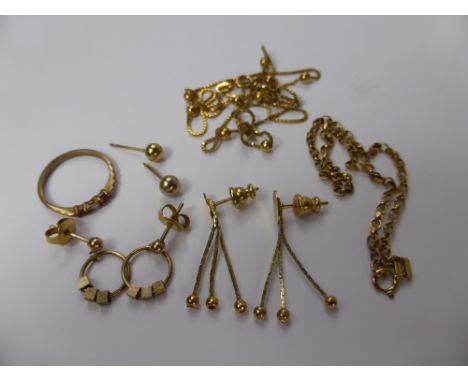 A Collection of 9 ct Gold Jewellery, including beaded chain (damaged), half chain, a pair of 9 ct gold earrings and a 9 ct go