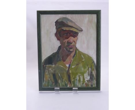 A Russian School Oil on Board Portrait, depicting a field hand wearing a cap, monogram lower right, dated 1965, framed and gl