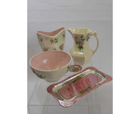 A Maling Ware Peony Rose Sandwich Plate, a fruit bowl depicting roses, a lustre water jug depicting apple blossom,, together 