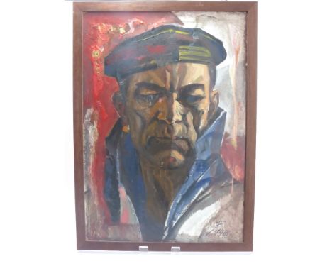 A Russian School, Oil on Board, depicting a portrait of a thoughtful character, approx 49 x 70 cms, monogram AB dated 1991.