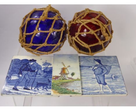 Miscellaneous Vintage Items, including two glass fishing weights and two Josiah Wedgwood blue and white tiles depicting a her