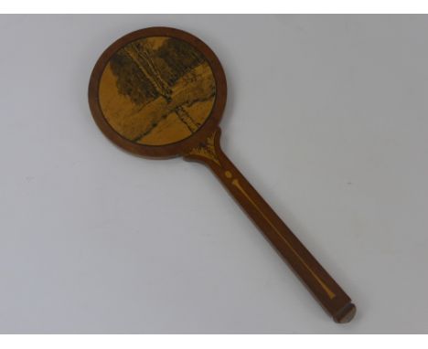 A Vintage Oak Handmade Hand Mirror, the mirror illustrated with a scene of children playing, with decorative inlay to the han