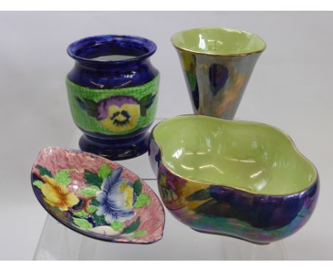 A Quantity Maling Ware Porcelain, including a pot hand painted with pansies, a lustre ware storm vase, a lustre ware storm bo