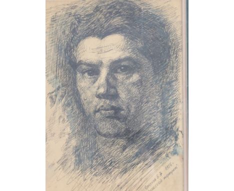 A Russian School Portrait in Pen, drawing of a young man, signed and titled in Cyrillic, lower right, dated 1956, approx 19 x