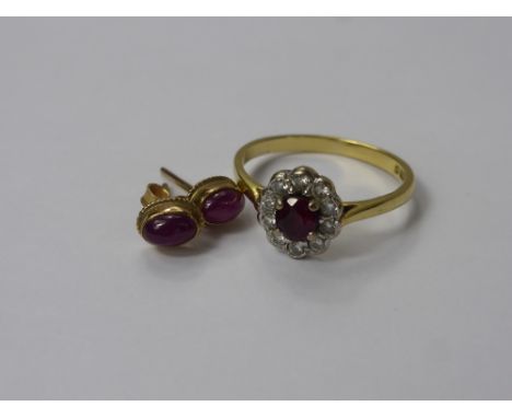 A Lady's 18 ct Yellow Gold Ruby and Diamond Ring, size M, rubies 4.6 x 4.10 mm, dia wt approx 15 pts, together with a pair of