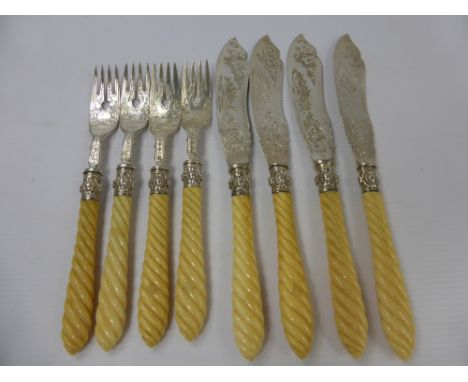 A Part Victorian Solid Silver Fish Knife and Fork Set, including two solid silver Birmingham hallmark dd 1870 and 1875, toget