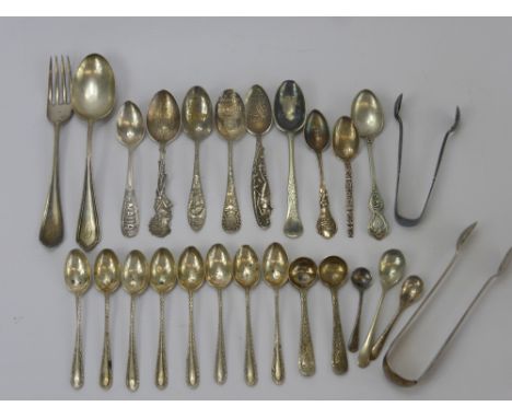 A Quantity of Silver Teaspoons, including a set of eight coffee spoons (60 gms), six souvenir spoons (64 gms), two mustard sp