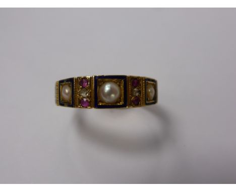 A Lady's Victorian 18 ct Gold and Enamel Ring, the ring set with seed pearls, rubies and rose cut diamonds, Birmingham hallma