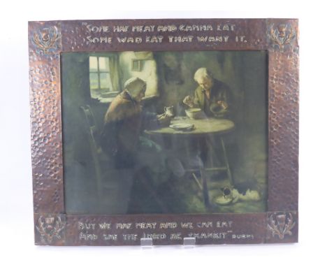 An Arts & Crafts Hammered Copper Framed Print, approx 61 x 51 cms, with a quote by Robbie Burns to the surround, H J Dobson.