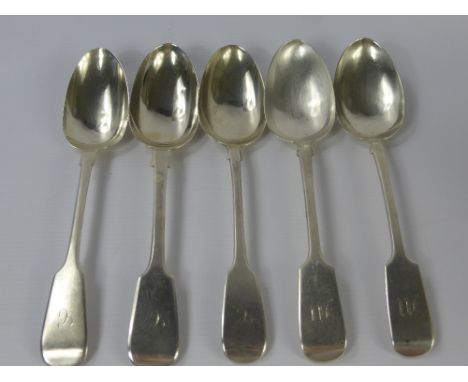 Five Antique Silver Table Spoons, including one Exeter hallmark dd 1842, mm Robert Williams, one London hallmark dated 1847/4