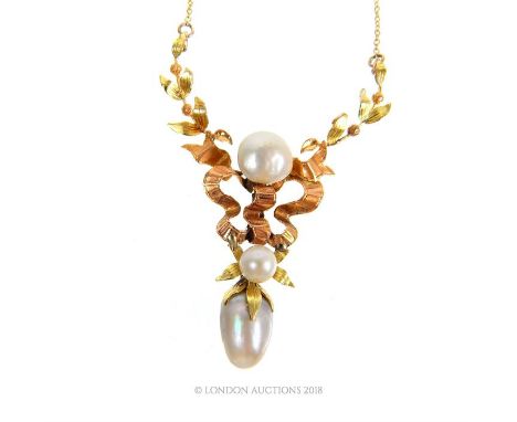 An Art Nouveau, yellow and rose gold and saltwater, natural-pearl, drop necklace, consisting of a garland and bow framework s
