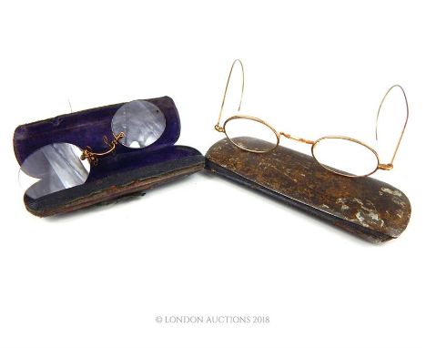 A pair of vintage, 10 ct yellow gold spectacles in fitted case and 12 ct yellow gold pince-nez in fitted case, (2)