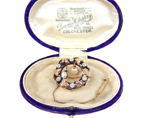 A unique, 19th century, rose gold brooch set with old cut diamonds and suspended in the centre with a natural pearl drop, wit