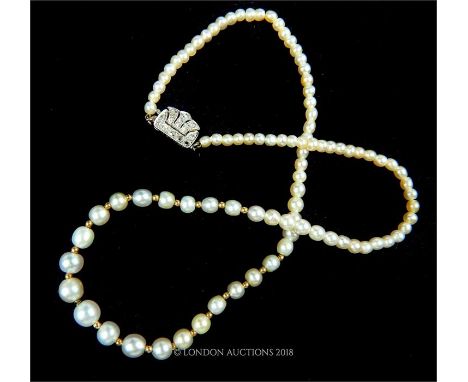 A platinum and brilliant cut diamond clasped, Art Deco, natural pearl, graduated necklace, consisting of ninety-four rounded,